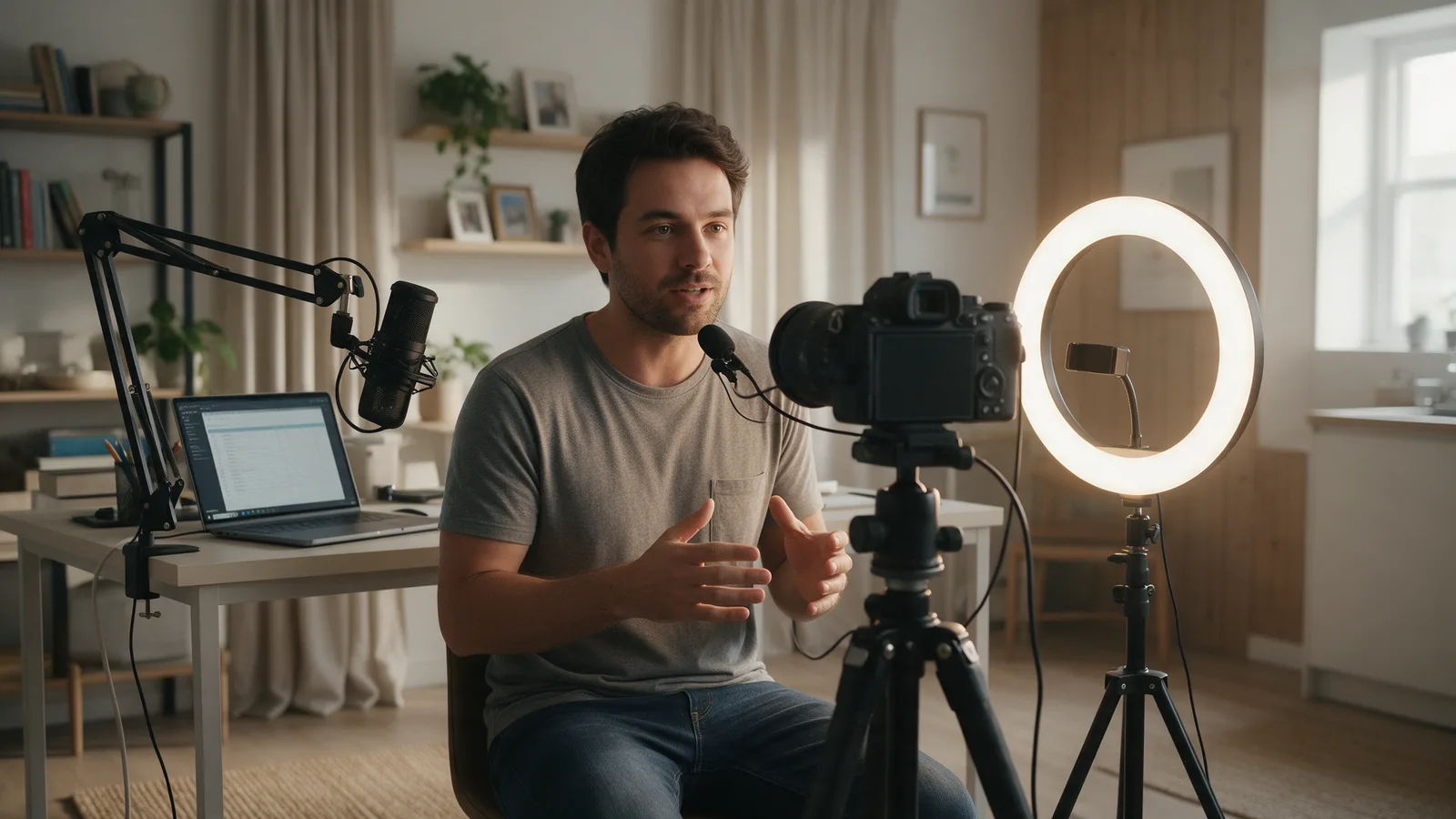 Criador de conteúdo gravando vídeo em estúdio caseiro, com câmera, ring light e notebook