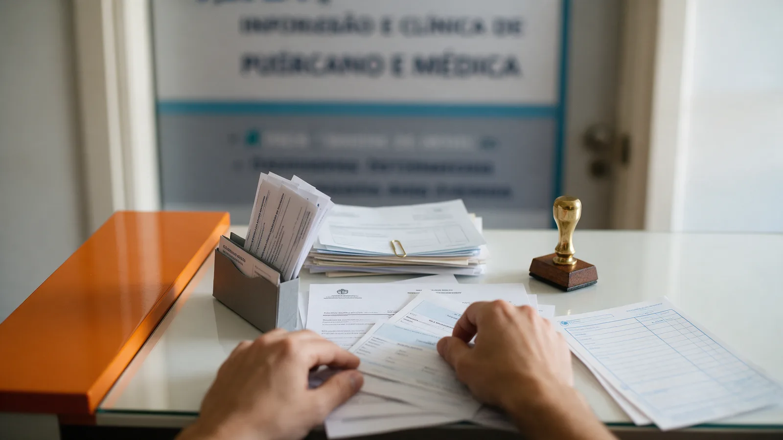 Mesa com documentos e pasta de licenças de clínica sendo organizados
