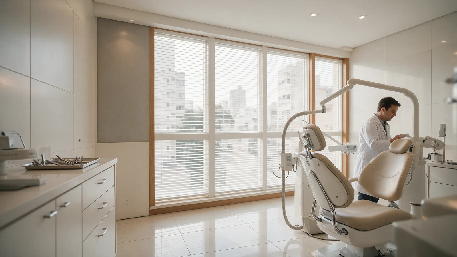 Dentista de jaleco ajustando equipamento em consultório odontológico moderno