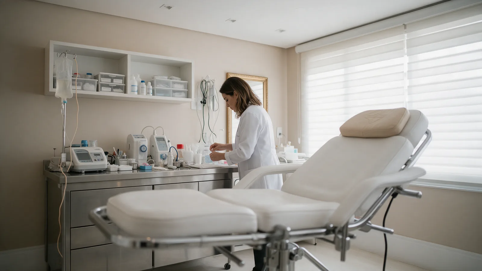 Sala de procedimentos de clínica de estética com maca e bancada organizada