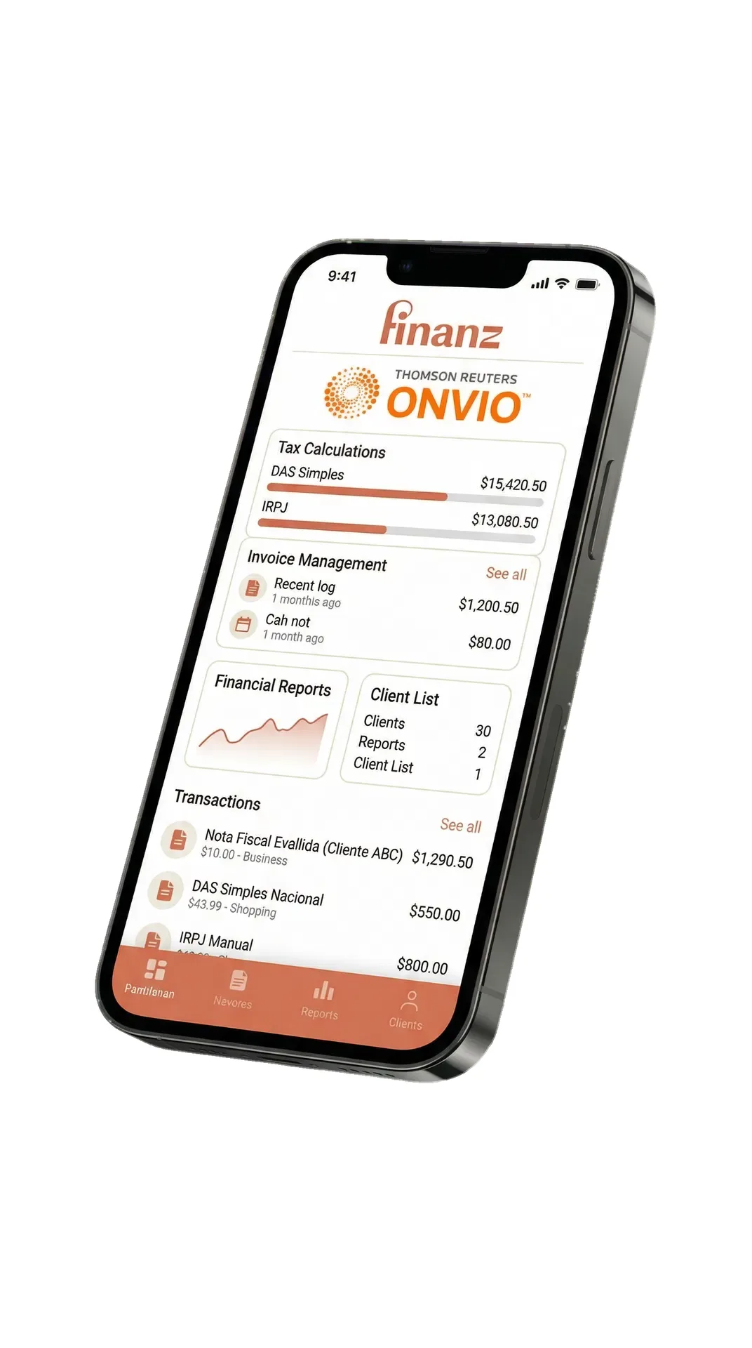 Aplicativo Onvio - Gestão Financeira Finanz com logos originais